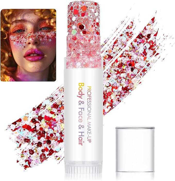 Body Glitter Stick for Face, Body & Hair - Red & Pink Chunky Sparkle Glitter, 2 Pack | Long Lasting Party Makeup for Festival, Rave, Concert & Cosplay