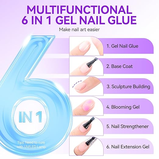 gelike ec 6 in 1 Nail Glue Gel: 2 Pcs Gel Nail Polish for Press on Nails - Nail Glue Strong Easy and Long Last for False Acrylic Tip - Base Coat for Salon Home Polish