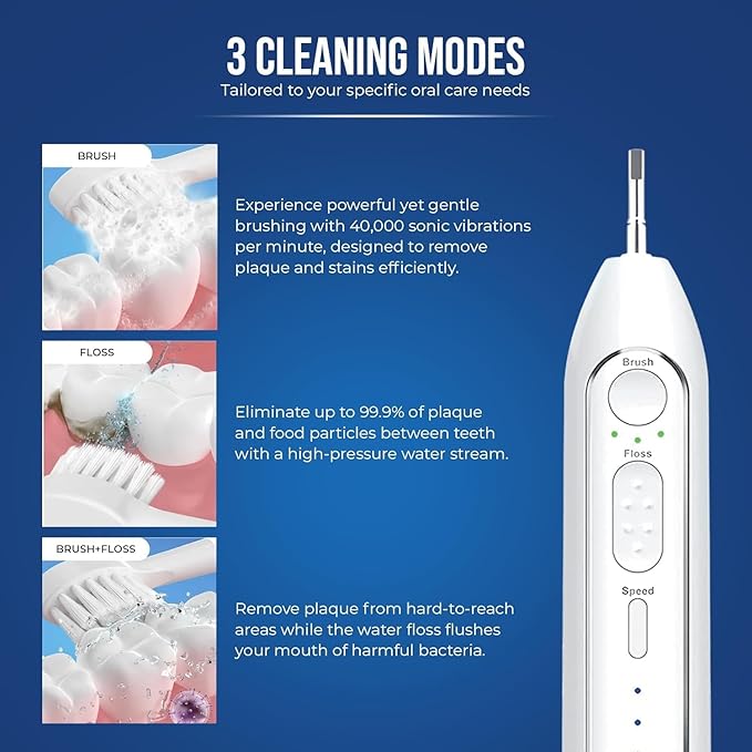 Optum Duo Flossing Toothbrush Rechargeable Electric Toothbrush with Water Flosser - Portable Water Pick Toothbrush Combo Cordless Sonic Electric Toothbrush and Water Flosser - White