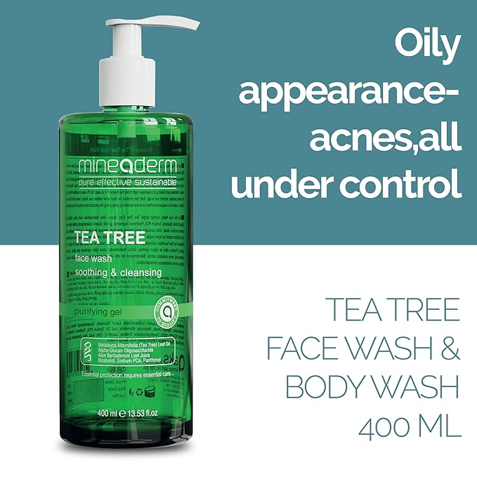 Mineaderm Tea Tree Face Wash for Acne-Prone & Oily Skin – Purifying Facial Cleanser with Aloe Vera, Panthenol & Bisabolol – Gentle Daily Gel Cleanser – 13.53 fl oz