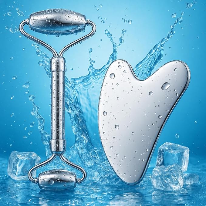 Stainless Steel Gua Sha and Face Roller Set Facial Massager Tools, Lymphatic Drainage Massager Metal Gua Sha Skin Self Care Gifts for Women