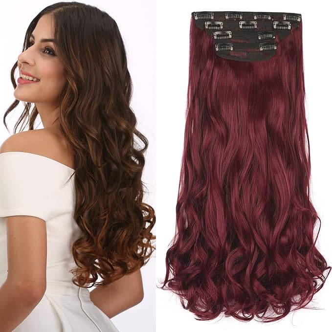 REECHO 24" Long Thick Curly Wavy Clip in on Hair Extensions 4 Pieces Set Burgundy