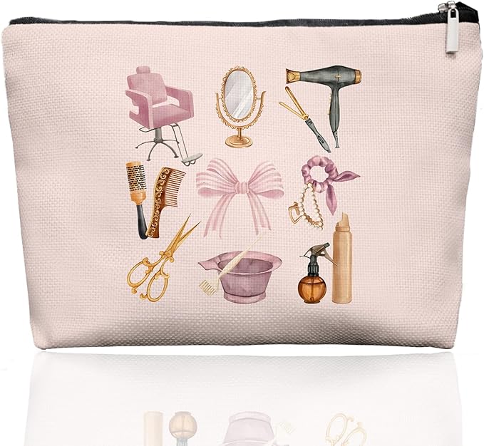 EKGJW Pink Hairstylist Makeup Bag for Women, Cute Cosmetology Student Gifts,Hairdresser Travel Organizer Bag, Aesthetic Salon Accessory Pouch, Gifts for Teen Girls 7.5 x 10 in