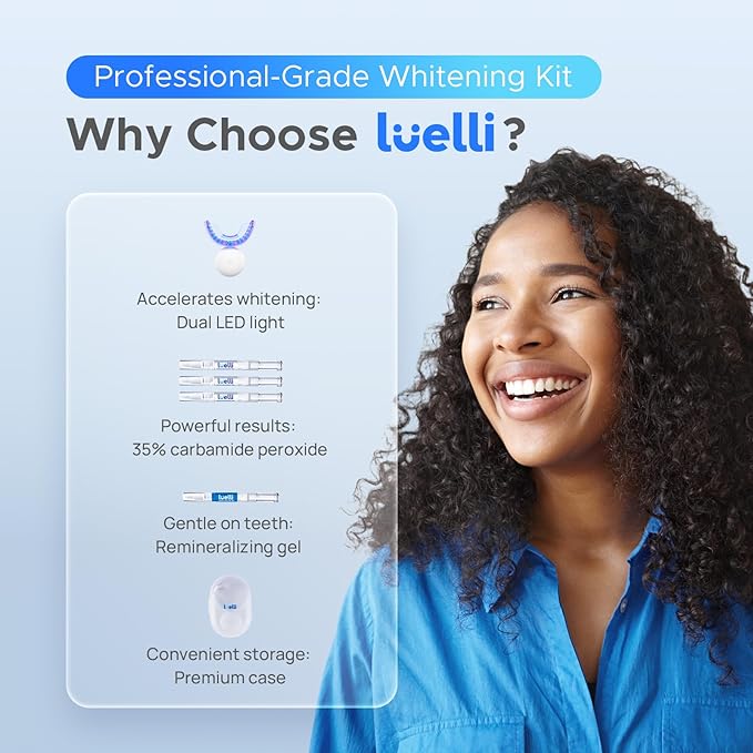 Luelli Teeth Whitening Kit with 35% Carbamide Peroxide - Teeth Whitener for Sensitive Teeth | Enamel Safe - 32 LED Lights - Wireless with Tray and Whitening Gel Pen for Home | Travel (Cool Mint)