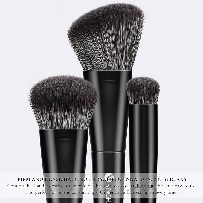 KINGMAS Foundation Makeup Brushes, 3Pcs Kabuki Contour Concealer Makeup Brush, Vegan & Cruelty-Free, Synthetic Cosmetic Under Eye & Blusher Face Brush (Black)