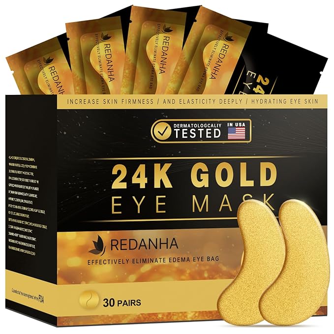 REDANHA 30 Pairs 24K Gold Under Eye Patches Face Masks Dark Circles Puffy Eye Bags Collagen Skincare Spa Trip Eye Mask Gift