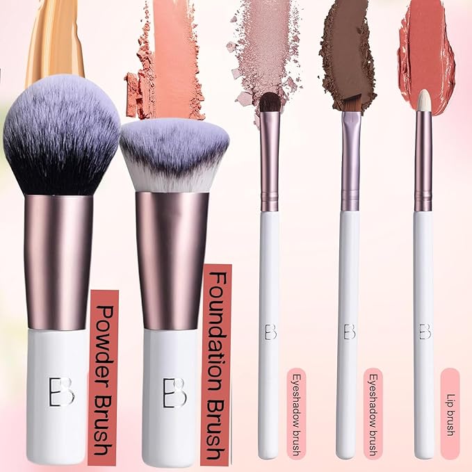 BS-MALL Travel Makeup Brushes Premium Synthetic Foundation Powder Concealers Eye Shadows 7 PCS with Triangle Puff & Storage Bag (Rose Pink)