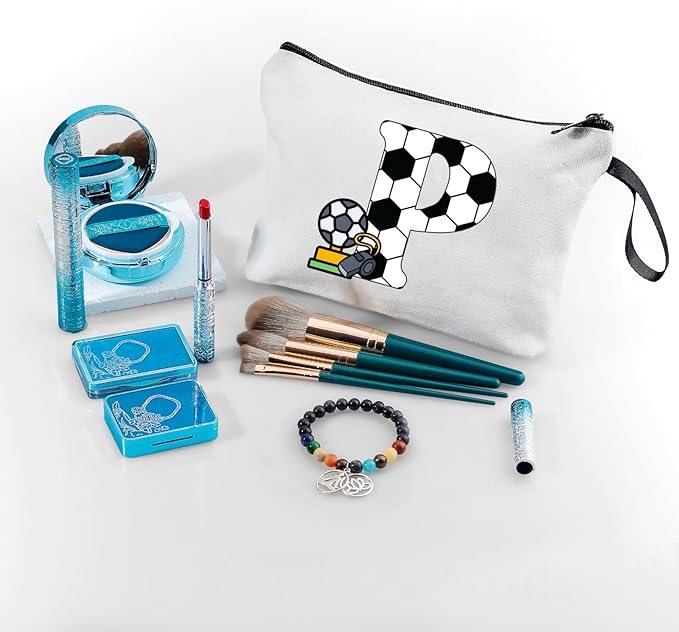 ARIOSEY Soccer Gifts Personalized Soccer Ball Cosmetic Bag for Purse Birthday Inspirational Gifts for Girls Women Team Coach Mom Stuff Travel Organizer-P