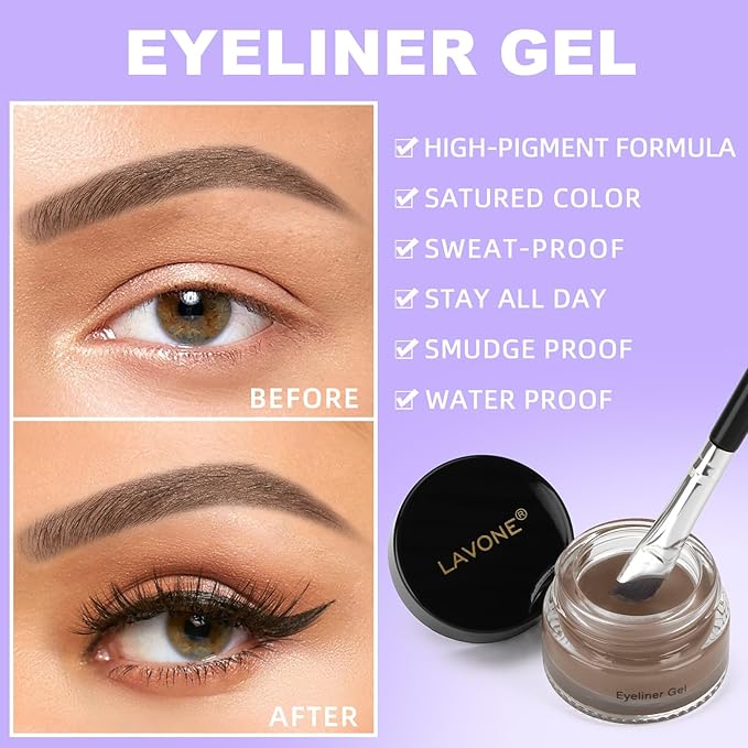 LAVONE Eyeliner Set - Waterproof Makeup Kit with Liquid Eye Liner Pencil, Gel Eyeliner and Angled Eye Liner Brush, Waterproof, Smudge Resistant, Long Lasting Formula - Brown