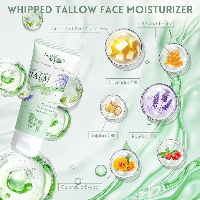 Organic Grass Fed Beef Tallow for Skin —3 In 1 Travel Size Tallow Face Moisturizer, Hand Cream & Body Lotion,100% Natural, Deep Hydrating, Suitable for Oily & Mature Skin, Lavender, 2 Oz.
