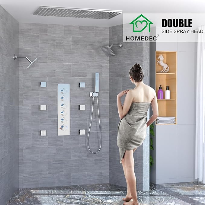 HOMEDEC 15.7x31.5" Rainfall Shower Head System, with 6 Body Jets with Handheld and Dual Side 6" Wall Mount Head, Chrome