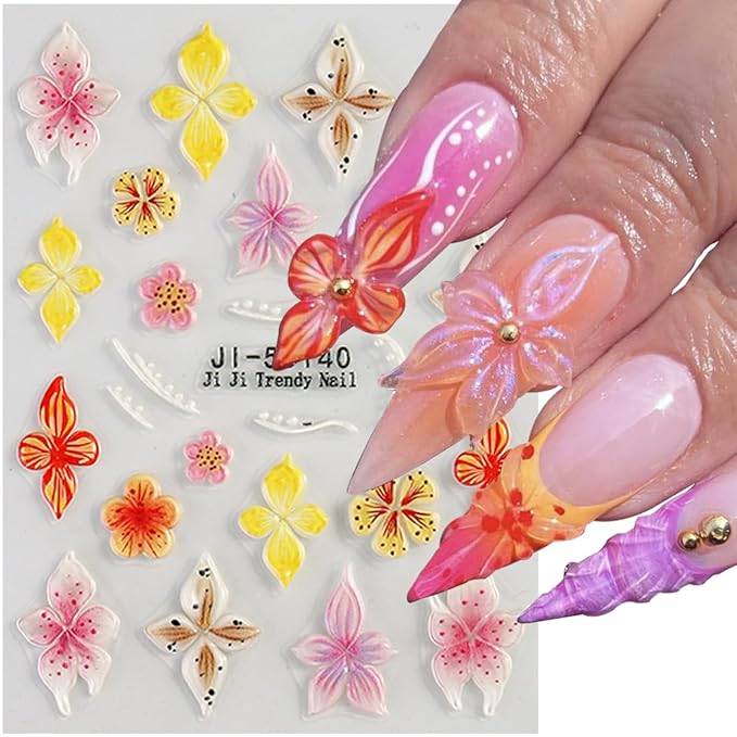 4 Sheet Flower Nail Art Stickers 5D Embossed Nail Decals Spring Nail Flower Stickers Colorful Floral Nail Art Design Gold 3D Self-Adhesive Acrylic Nails Art Supplies for Women Girls
