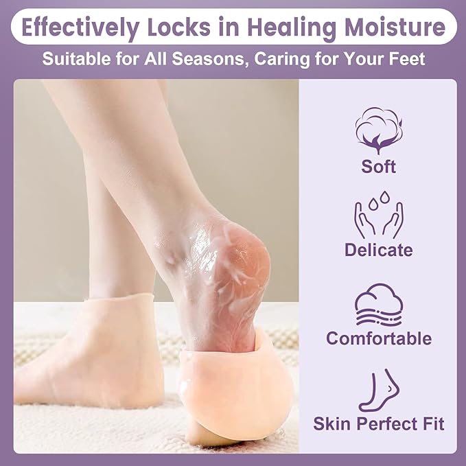 5 Pairs Silicone Socks for Dry Cracked Feet, Women's Foot Socks for Moisturizing (Beige, Fits Up to Size 7)