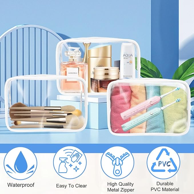 Eilyliafe 12 Pieces Clear Makeup Bags Bulk, TSA Approved Toiletry Bag for Travel, PVC Waterproof Cosmetic Bag with Zipper, Transparent Pouches Organizer Storage for Men and Women (White, Large)
