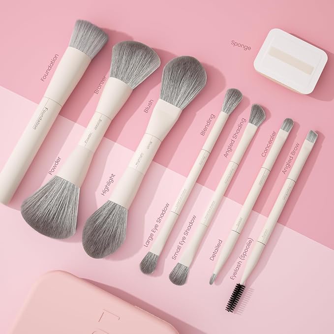 LULUCOLORS 13-in-1 Dual-Ended Makeup Brush Set with Sponge & Travel Case – 7 Multi-Functional Brushes for Face & Eyes – Soft Bristles, Wooden Handles – Available in Cream, Green, or Pink (Blush Pink)