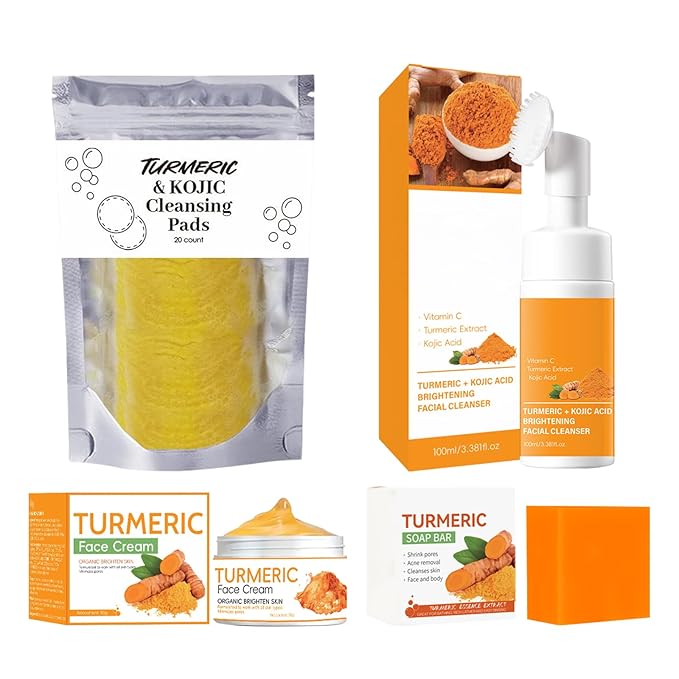 4-Piece Turmeric Skincare Set with Face Wash, Cream, Soap Bar, Bubble Net, Facial Cleanser for All Skin Types, Soothing Hydrating Formula