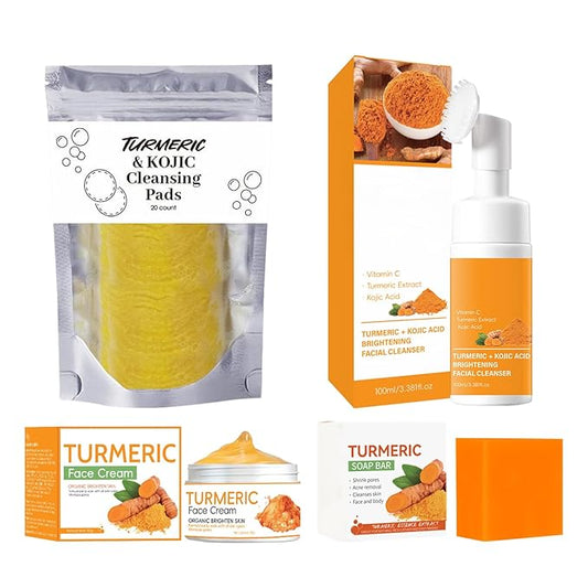 4-Piece Turmeric Skincare Set with Face Wash, Cream, Soap Bar, Bubble Net, Facial Cleanser for All Skin Types, Soothing Hydrating Formula
