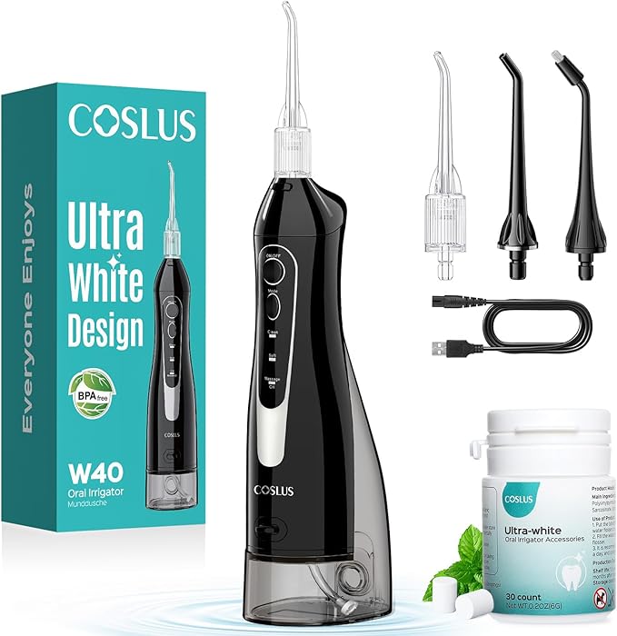 COSLUS Water Flosser Pick with 30pcs Whitening Mint Flavor Refill Combo for Teeth, Braces, Gums Care - Easy to Use, Portable for Coffee Lovers & Travel, Rechargeable, BPA-Free, Black, W40(F5020E)