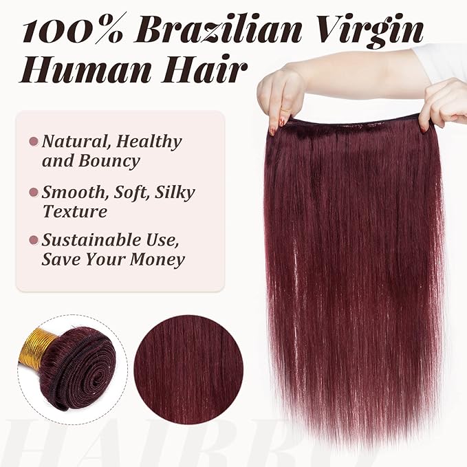 Hairro Sew in Hair Extensions Real Human Hair, 100g/bundle Weave Weft for Women Adding Volume and Length, for DIY Beauty Dating Party, 16 Inch One Bundle Straight #99J Wine Red