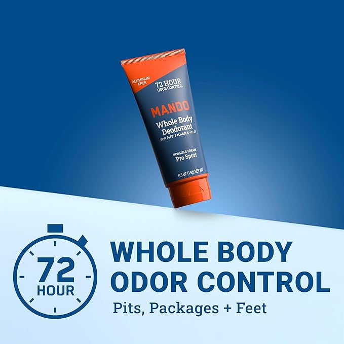 Mando Whole Body Deodorant - Mini Travel Size Invisible Cream Tube - 72 Hour Odor Control - Aluminum and Baking Soda Free, Skin Safe - .5 oz (Pack of 2) (Pro Sport)