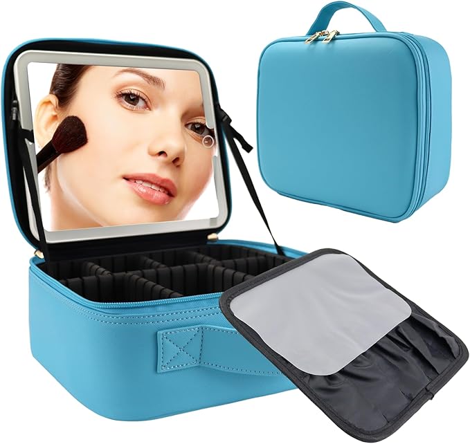 SLUMAZI Travel Makeup Bag with LED Mirror Travel Makeup Organizer with 3 Lighted Settings, Adjustable Dividers and Makeup Brush Storage Bag Blue