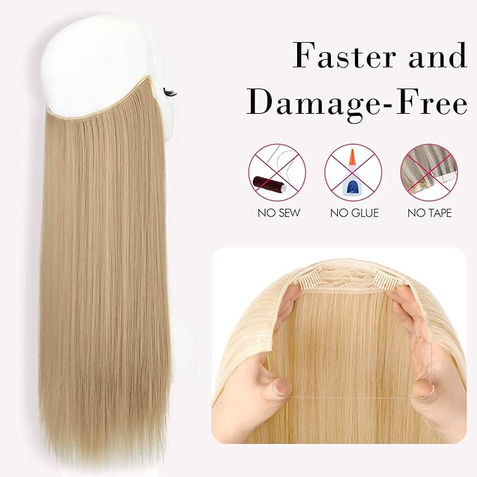 REECHO Invisible Wire Hair Extensions with Transparent Headband Adjustable Size Removable Secure Clips in Straight Secret Hairpiece for Women (24 Inch (Pack of 1), Buttery Blonde)