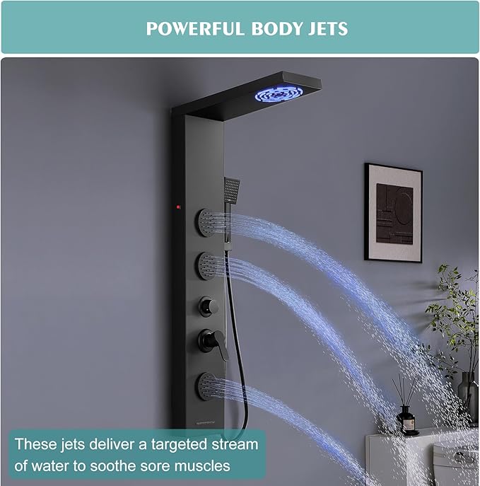 KINKIB Matte Black Shower Panel for Bathroom - 5 In 1 Full Body Shower Tower With Led, Rainfall Shower Head With Powerful Body Jets, Handheld Shower And Tub Spout