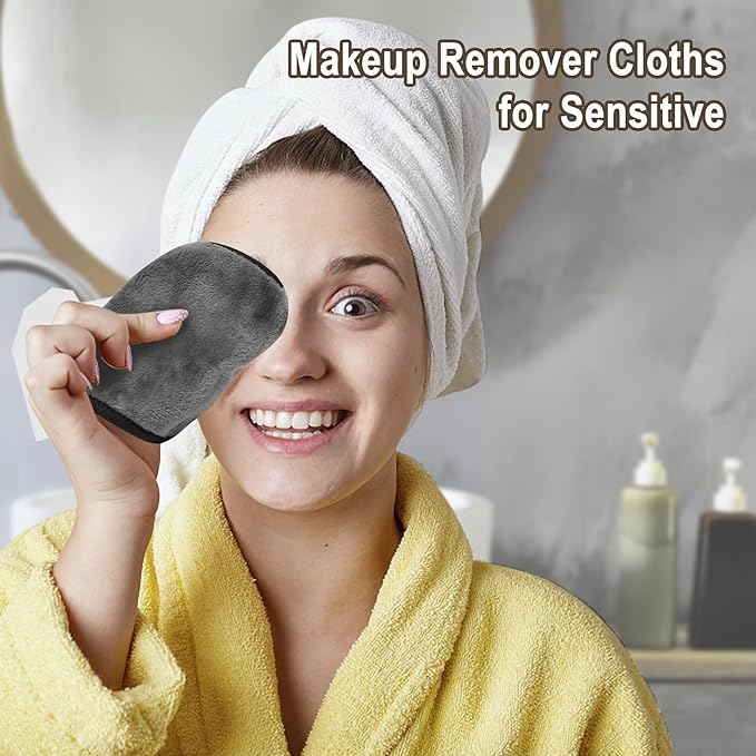 KODAMO Makeup Remover Cloth, 6 inch x 6 inch Reusable Makeup Remover Towels with Laundry Bag, Microfiber Makeup Removal Face Wash Cloths with Just Water, 12 Pack, Grey
