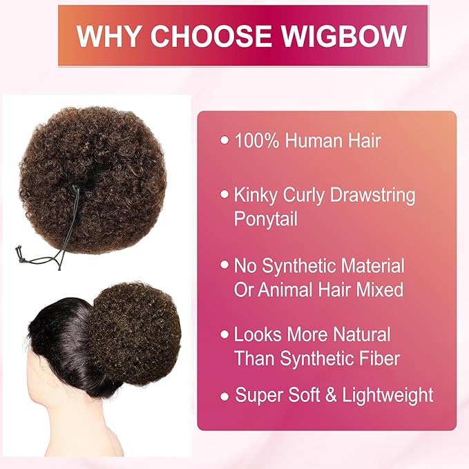 Afro Puff Drawstring Ponytail Extension Wigs for Black Women Girls, Virgin Human Hair Medium Brown 4# 8 Inch Afro Puff Ponytail Kinky Curly Hair Bun Human Hair Hairpieces Clip in Hair Extensions Wigs