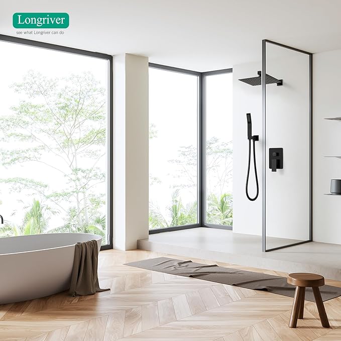 Longriver Shower Faucet Set, Shower System Bathroom High Pressure 10 Inches Rainfall Shower Head with Handheld Spray, Wall Mounted Shower Fixtures with Shower Valve and Trim Kit, Matte Black