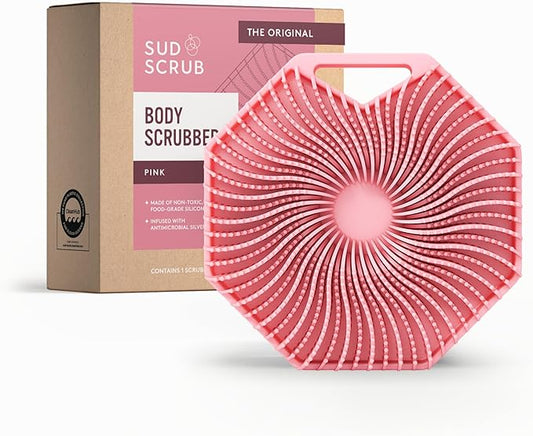 Sud Scrub® Antimicrobial Silicone Body Scrubber, Exfoliating Body Scrubber for Sensitive Skin, Eco Friendly Shower Scrubber for Body, Silicone Body Brush for Showering, Pink