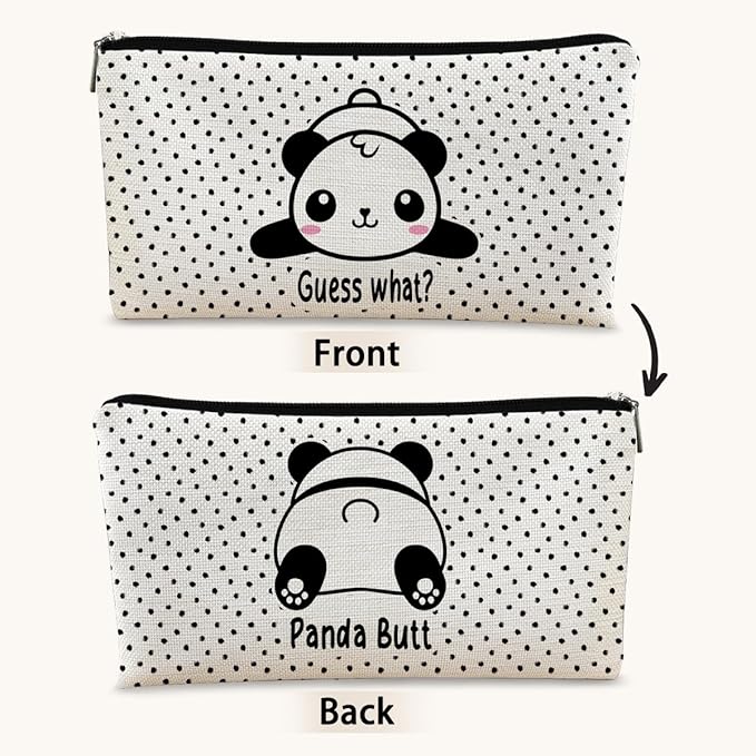 BARPERY Panda Gifts Dots Makeup Bag,Gifts for Panda Lover Wonmen Girls,Cute Baby Panda Guess What It's Pug Butt Cosmetic Bag,Makeup Case for Teen Girls Daughter,Panda Accessories,Canvas Zipper Pouch