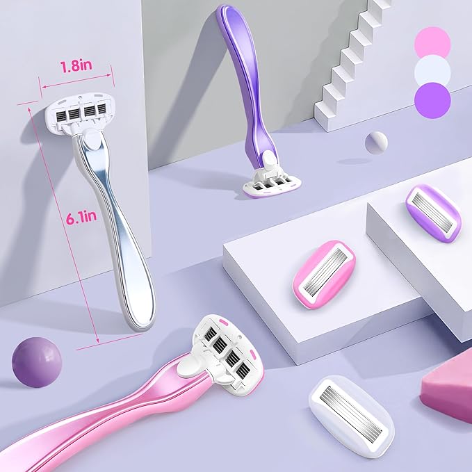 Razors for Women Include 1 Non-Slip Metal Handle and 7 Blade Refills, 5 Premium Blades Women's Razors for Shaving with 360° Lubrication Reduces Irritation, Pink