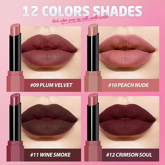 Jolilab 3Pcs Velvet Matte Lipstick Nude Matte Soft Dark Color Stick High Pigmented Long-Lasting Waterproof Lip Stick Lip Balm Beauty Cosmetics Gift for Women(Curated #3+11+12)