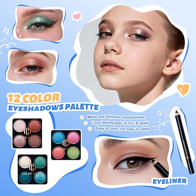 Color Nymph Makeup Sets For Teens Girls with Storage Box, All In One Girls Make up Kit for Girl Women Full Kit with Eyeshadow Blush Contour Highlighter Lipgloss Lipliner Eyeliner Lip Balm and Mirror