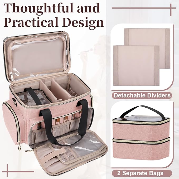 GDNasist Large Makeup Bag, Portable Travel Makeup Bag Organizer for Women Girls with 2 Removable Pouches & Detachable Dividers, Cosmetic Travel Bag, Toiletry Bag for Makeup and Hair Supplies Pink