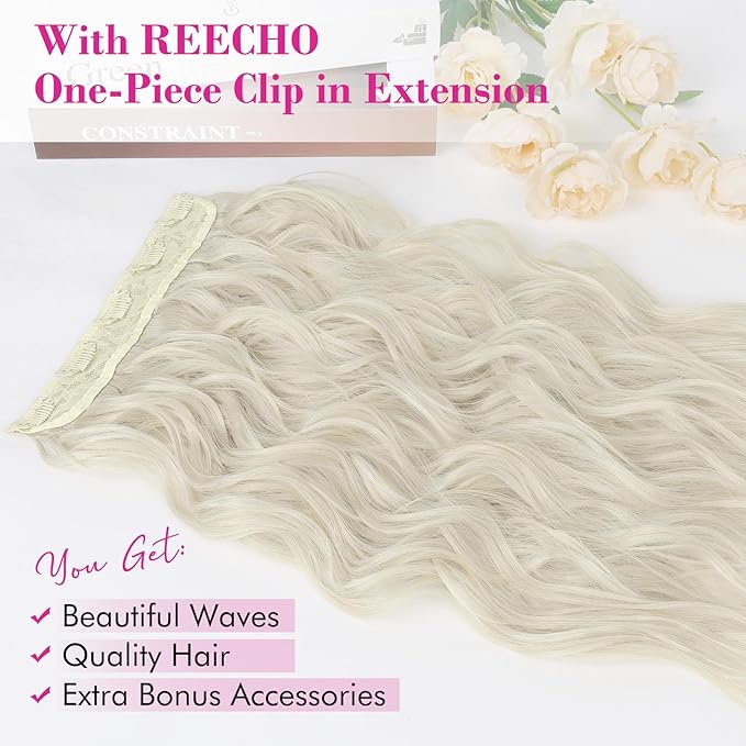 REECHO Blonde Hair Extensions, 20” One Piece Clip in Hair Extensions Thick Long Beach Wavy Natural Soft Synthetic Hairpieces for Women, Platinum Blonde