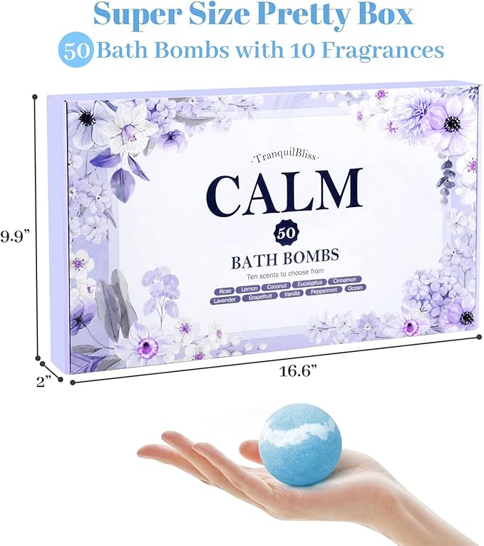 TranquilBliss Bath Bombs Set 50 PCS with 10 Rich Scents, Bath Bombs for Women, Natural Bubble Bombs with Shea Butter & Safe Oil, Ideal for Valentines, Birthday, Mother's Day Present (Purple)