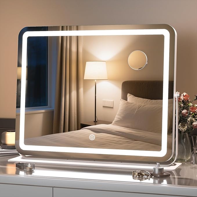 Hasipu Makeup Vanity Mirror with Lights, 20" L x 16" W LED Tabletop Make up Mirror for Desk, Lighting & Brightness Adjustment, 360°Rotation, 10x Magnification