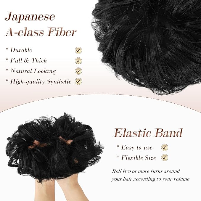 FESHFEN Messy Bun Hair Piece - Wavy Synthetic Chignon Scrunchies for Instant Volume, Elastic Bun Ponytail Hair Extensions Thick Hairpieces for Women, Off Black 1.50 oz