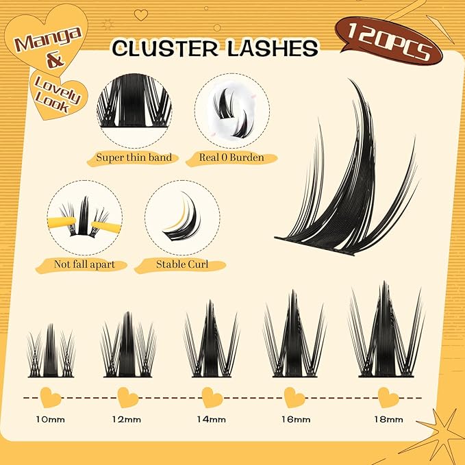 QUEWEL Fairy-Lash Clusters Kit, 120pcs Manga-Eyelash Clusters Kit Mix10-18mm Cluster Eyelash Extensions Kit With Lash Bond and Seal, Lashes Clusters Tweezers for DIY Natural Lashes(FD-XYT 3 Set)