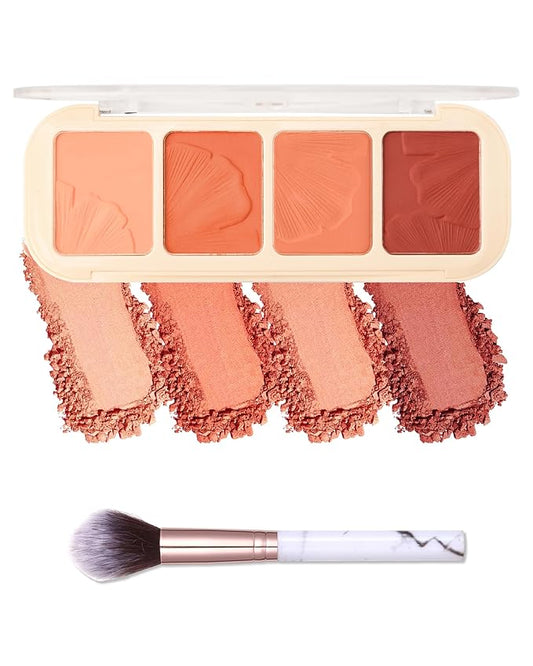 Matte Face Blush Palette Kit with Brush-4 Color Pink Purple Orange Silky Mineral Blendable Blusher Contour Powder for Cheek,Longlasting Facial Beauty Valentine's Women's Day Makeup Gift for Women-02