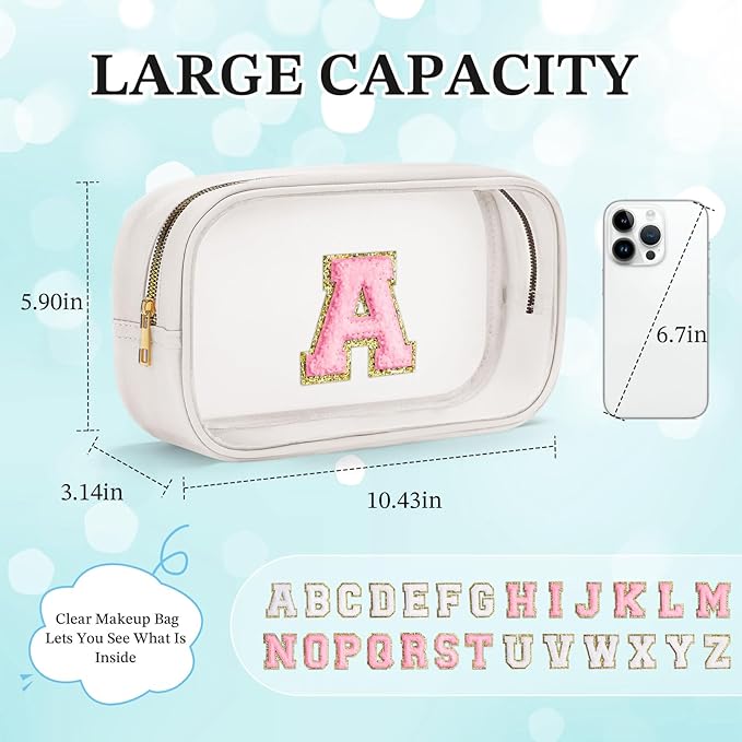 YOOLIFE Initial Valentines Gifts for Kids Travel Toiletry Bag Birthday Gifts for Girls Kids Clear Makeup Bag Preppy Cosmetic Bag for 3 4 5 6 7 8 9 10 11 12 13 Year Old Girls White K