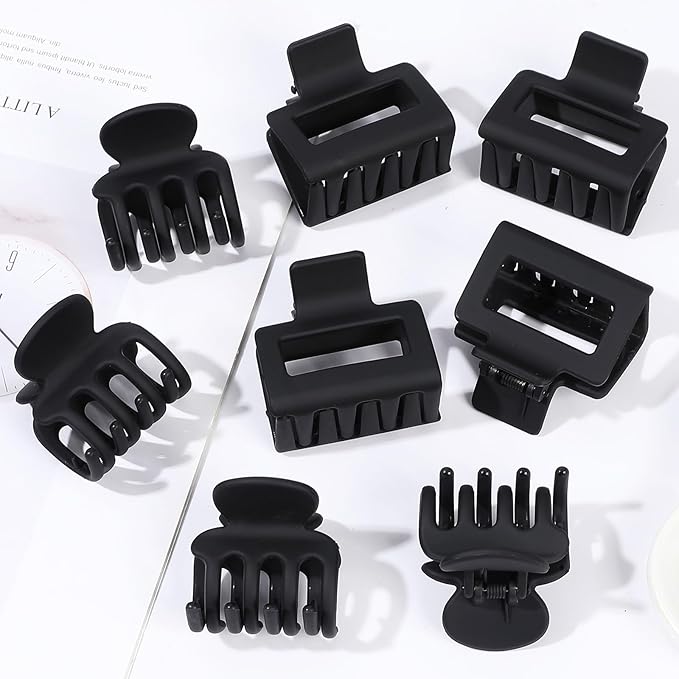 Medium Hair Clips Combination 2 Styles Small Claw Clips for Thin Hair 8 Pcs Matte Non-slip Rectangle Jaw Clips Square Hair Accessories for Women and Girls (Black)