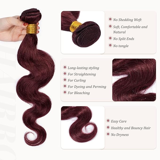Hairro Sew in Hair Extensions Real Human Hair, 100g/bundle Weave Weft for Women Adding Volume and Length, for DIY Beauty Dating Party, 16 Inch One Bundle Body Wave Wine Red