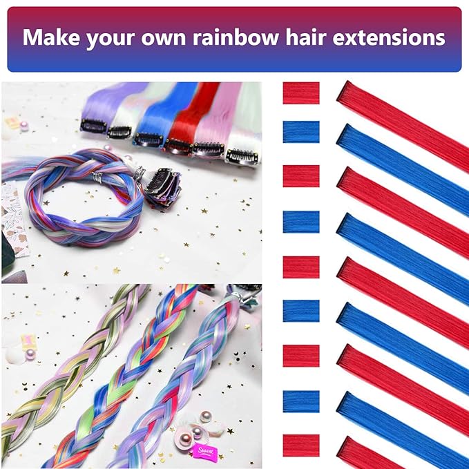 Colored Hair Extensions 10 PCS, Colorful Party Highlights Clip in Synthetic Hair Extensions, Red and Blue Hair Accessories Hairpiece for Girl Women Party Favor Cosplay Gift 22 In