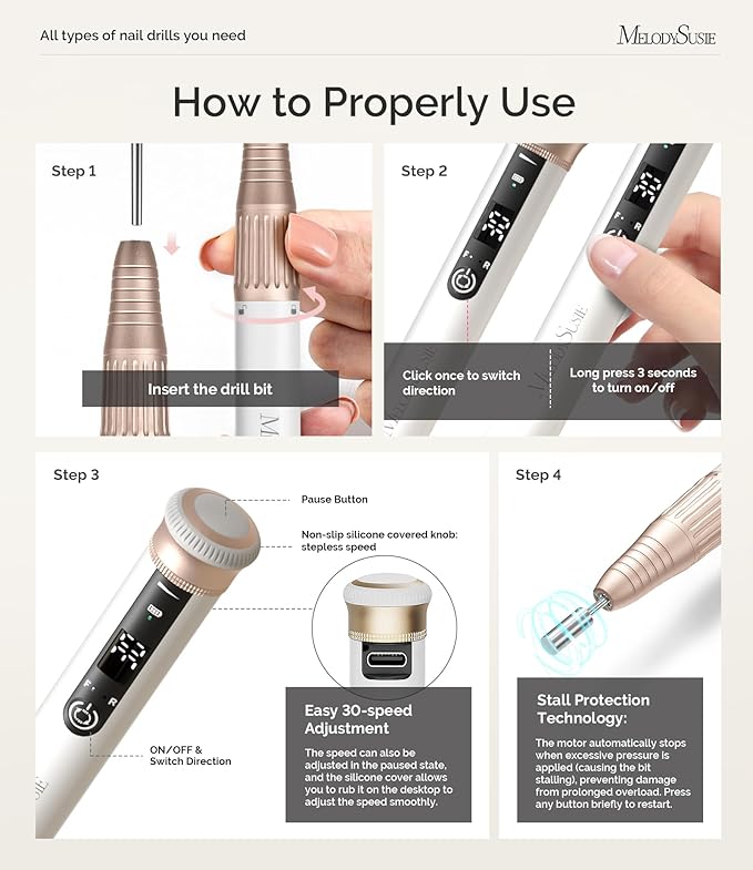 MelodySusie Pen-Shaped Stepless Speed Adjustment Cordless Nail Drill, SM220G 30000RPM Portable Rechargeable E-File with Rotary Lock for All Manicure Shaping & Acrylic Gel Removal for Pros at Home