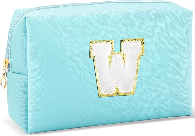 URSKYTOUS Gifts for Girls Initial Makeup Bag Personalized Cosmetic Bag with Zipper Cute Travel Toiletry Bag Waterproof PU Preppy Makeup Pouch Birthday Gift for Teen Girls Women(Blue W)