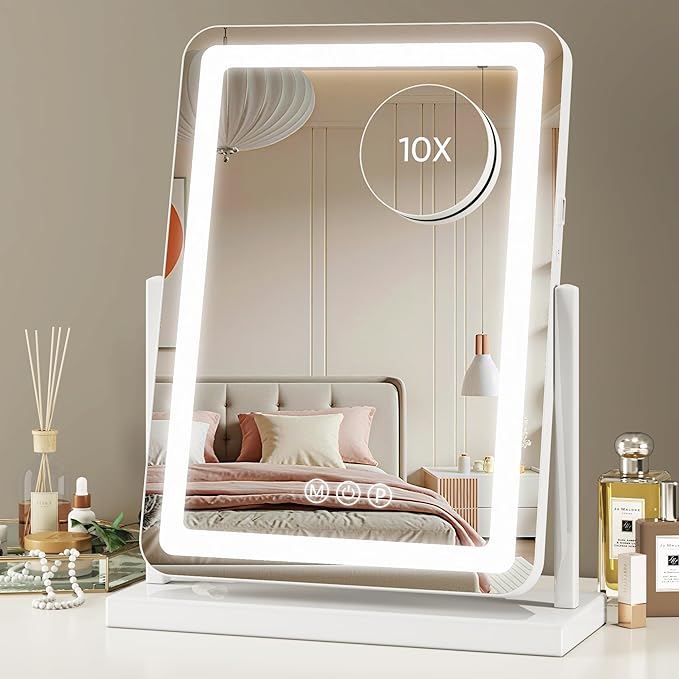 Vanity Mirror with Lights, 18"x14" Hollywood Lighted Makeup Mirror for Tabletop & Bedroom 3 Color Lighting Modes Smart Touch Control 360° Rotation Detachable