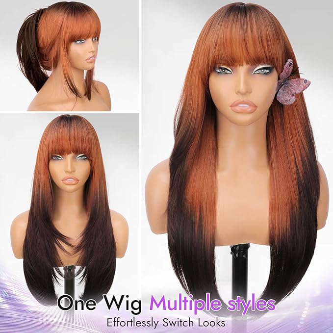 Long Dark Brown to Copper Ombre Wig with Bangs for Women,4x4 Realistic Scalp,Free Parting,Layered Hairstyle Synthetic Heat Resistant for Daily Party Use 26 inch